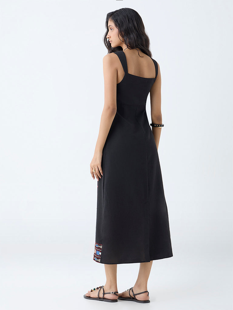 Bombay Paisley Black Embroidered Cotton A-Line Dress