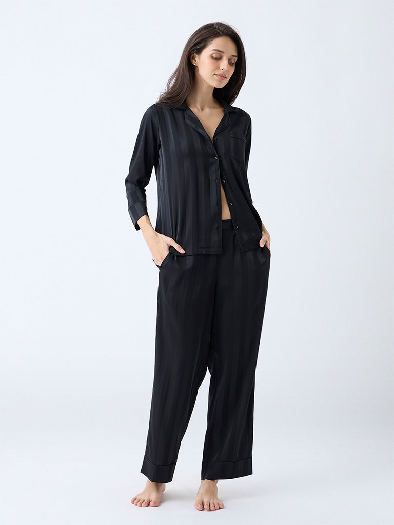 Buy Wunderlove Black Self-Striped Shirt and Pyjamas Set from Westside