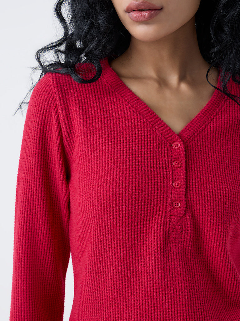 Superstar Red Waffle-Textured Top