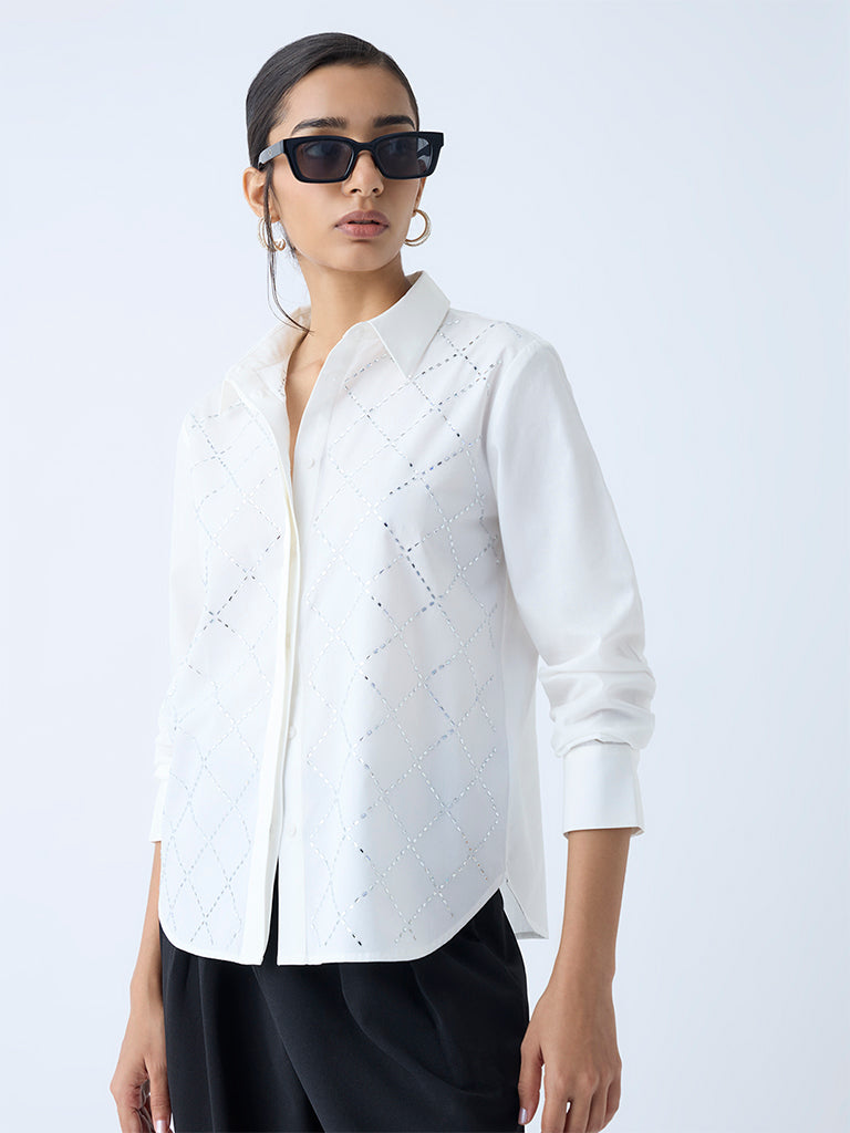 Wardrobe White Diamante-Detailed Cotton Shirt