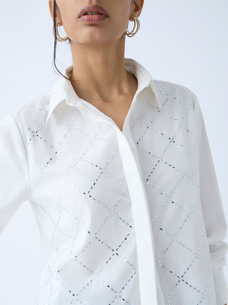 Wardrobe White Diamante-Detailed Cotton Shirt