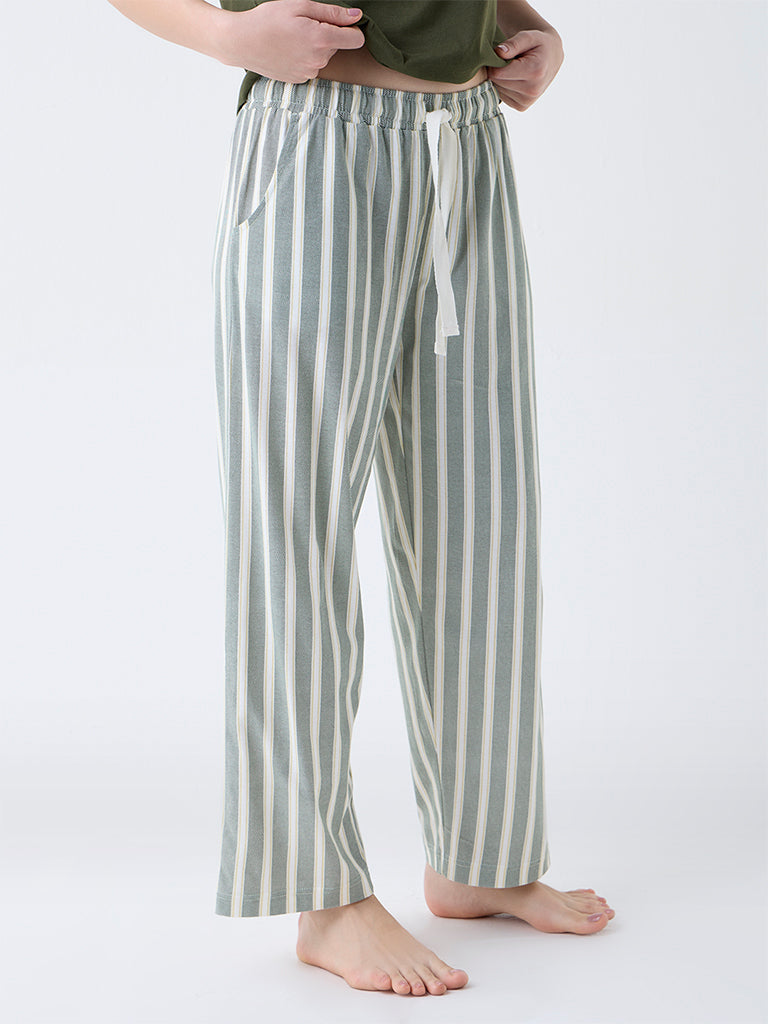Wunderlove Green Striped Cotton High-Rise Lounge Pants