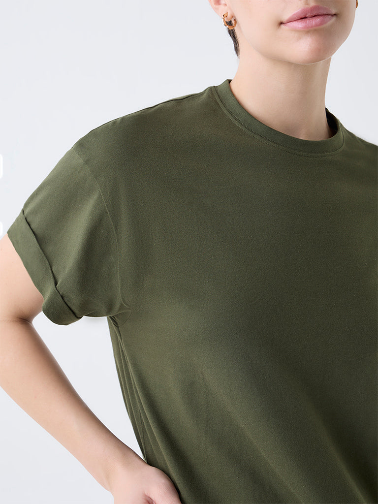 Wunderlove Dark Olive Solid Cotton T-Shirt