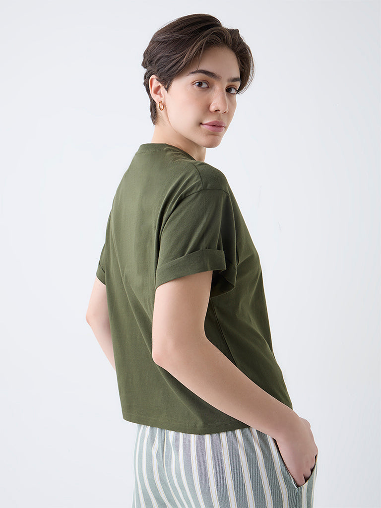 Wunderlove Dark Olive Solid Cotton T-Shirt