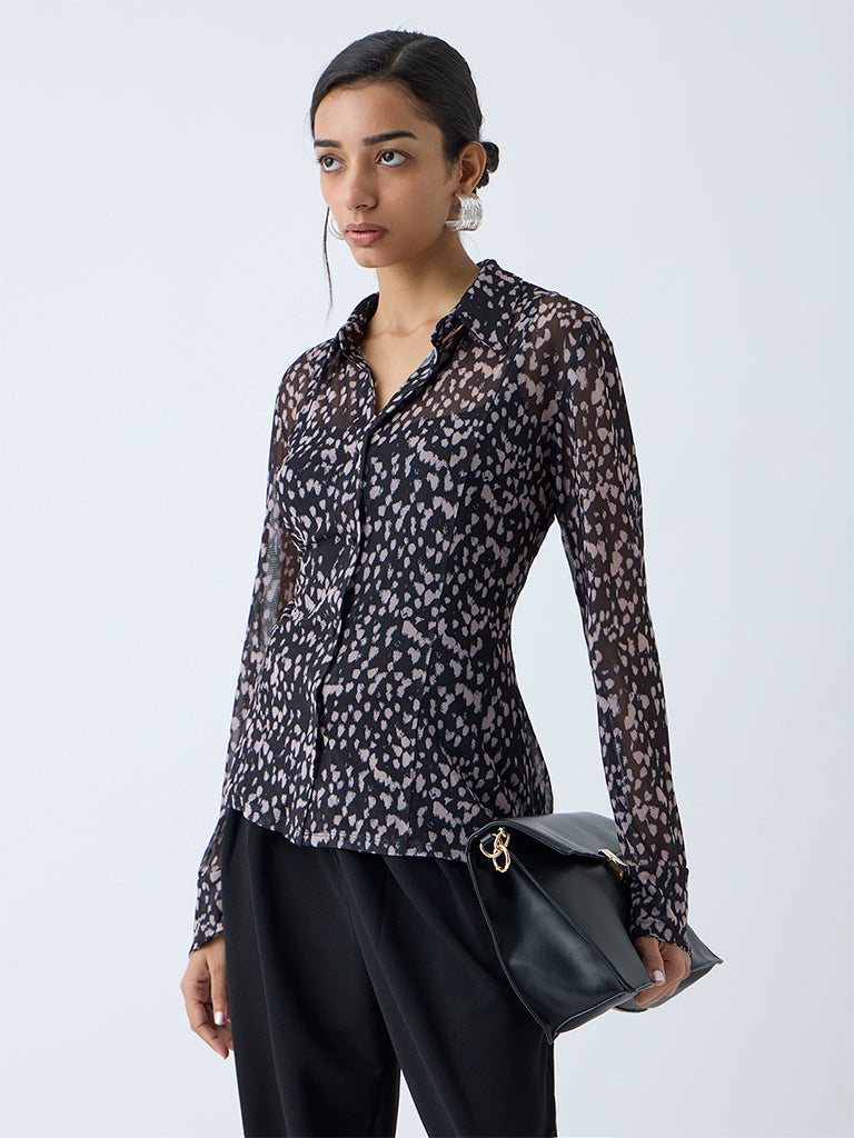 Wardrobe Black Abstract Printed Mesh Shirt with Inner