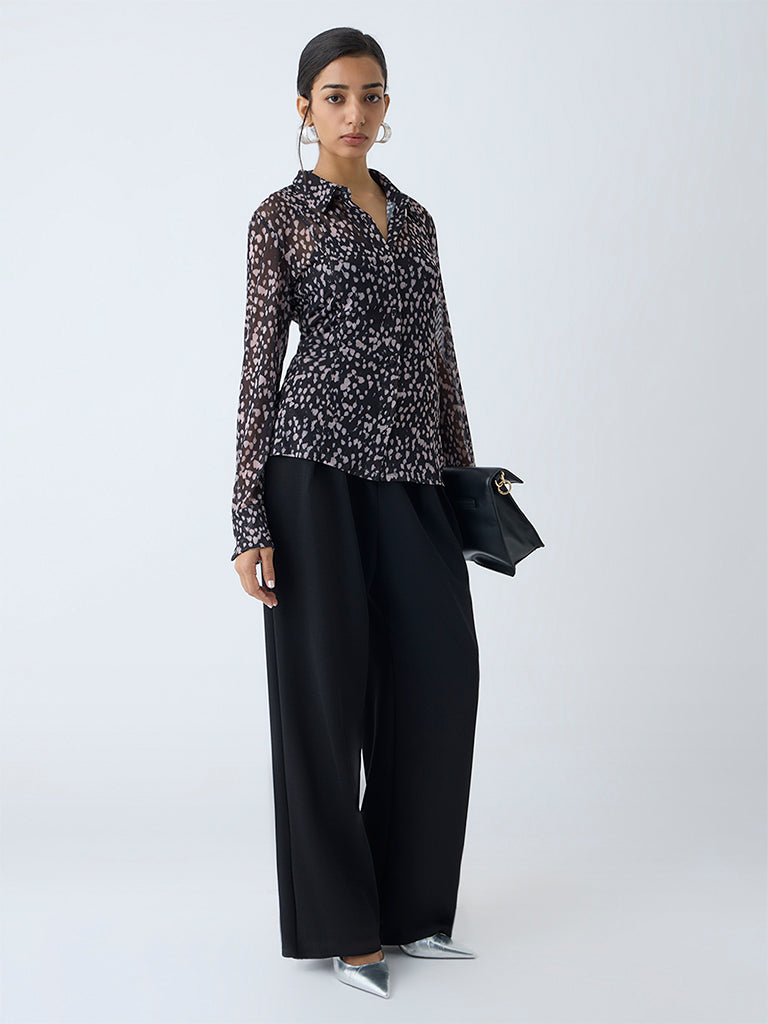 Wardrobe Black Abstract Printed Mesh Shirt with Inner