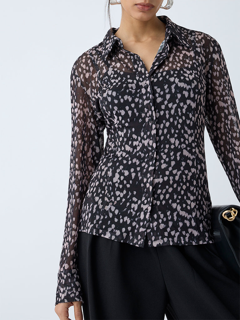 Wardrobe Black Abstract Printed Mesh Shirt with Inner