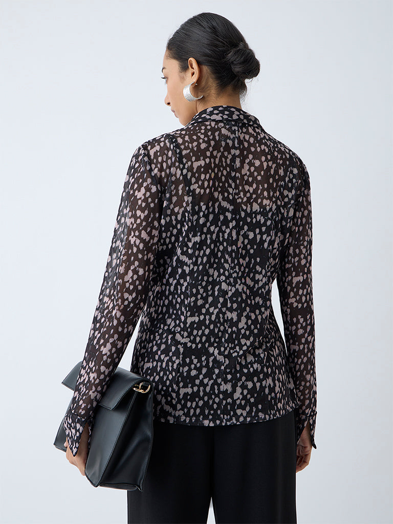 Wardrobe Black Abstract Printed Mesh Shirt with Inner