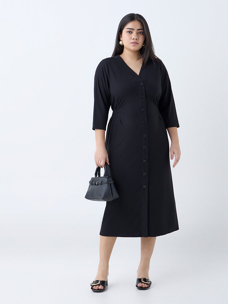 Westside Gia Women's Black Self-Striped A-Line Dress for Casual Wear Front view