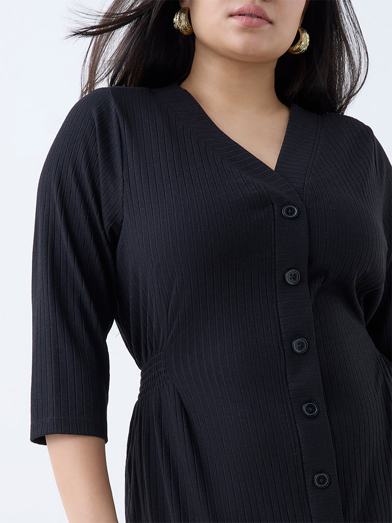 Westside Gia Women's Black Self-Striped A-Line Dress for Casual Wear Zoomed View