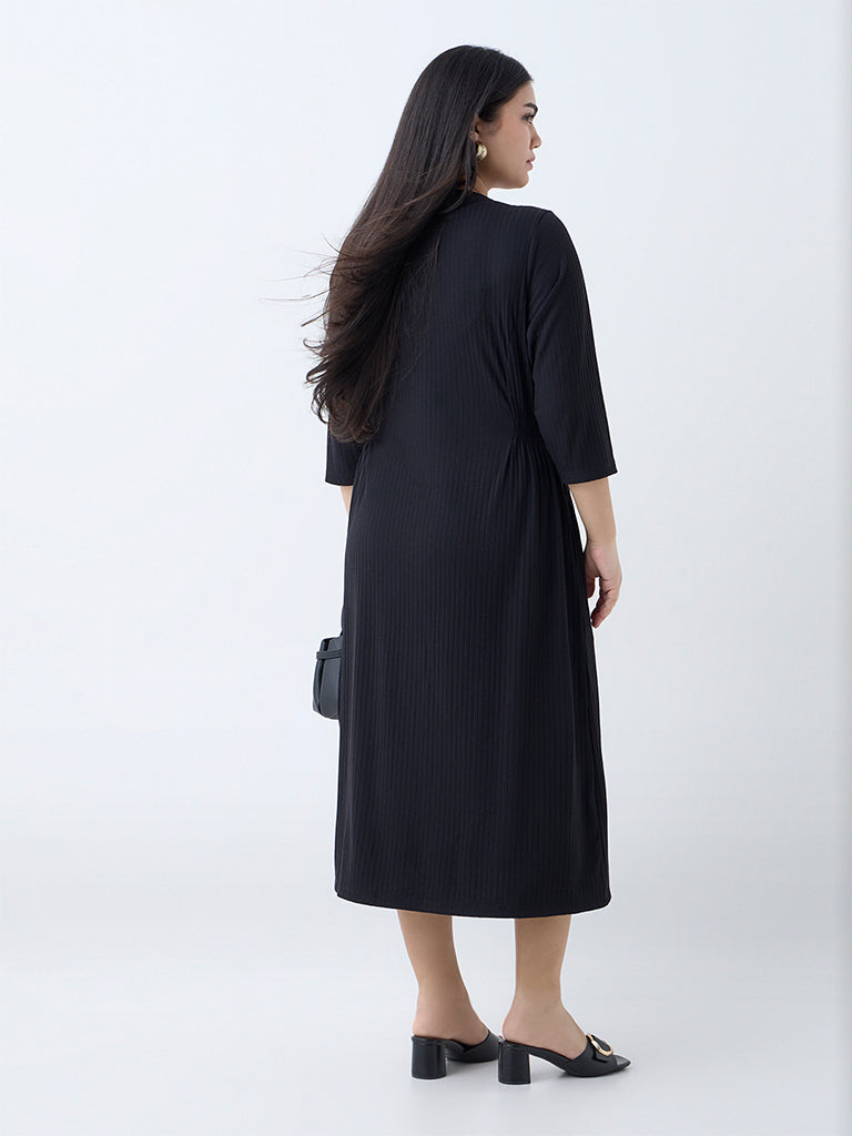 Westside Gia Women's Black Self-Striped A-Line Dress for Casual Wear Back View