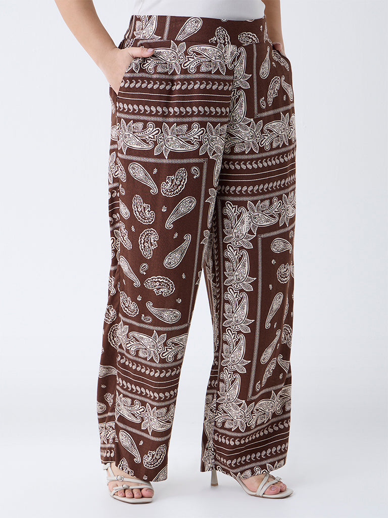 Gia Dark Brown Paisley Design High-Rise Pants
