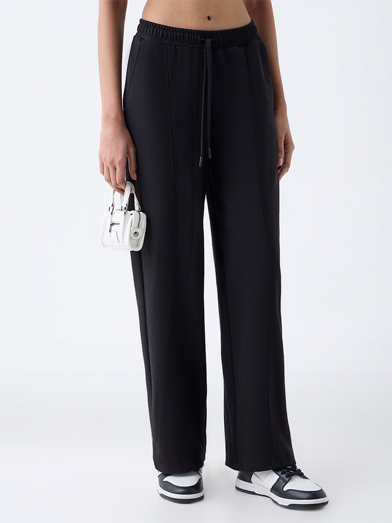Studiofit Black Solid High-Rise Track Pants