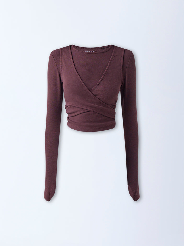 Studiofit Brown Criss-Cross Detailed Ribbed T-Shirt