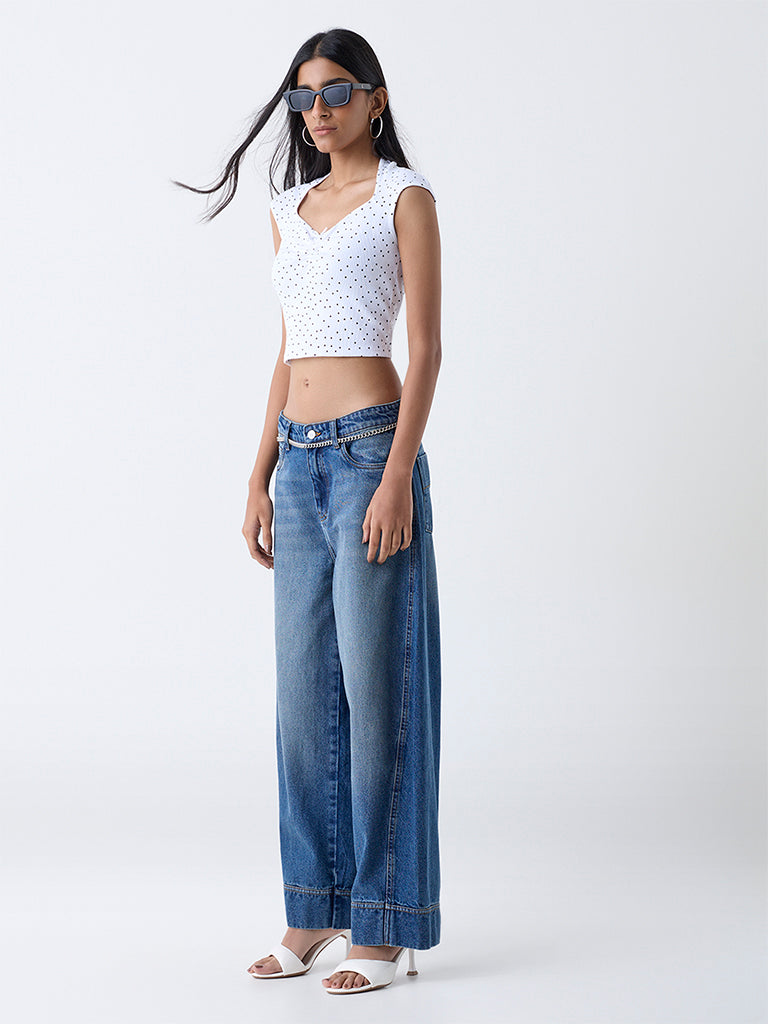Nuon White Polka Dotted Cotton-Blend Top