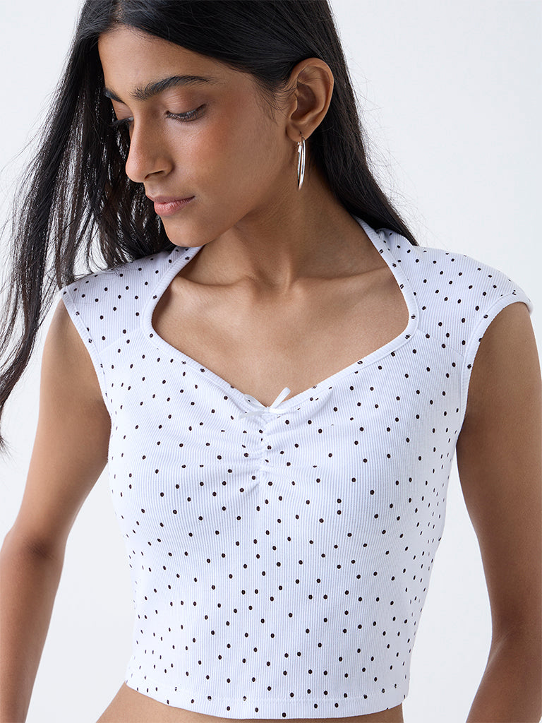 Nuon White Polka Dotted Cotton-Blend Top