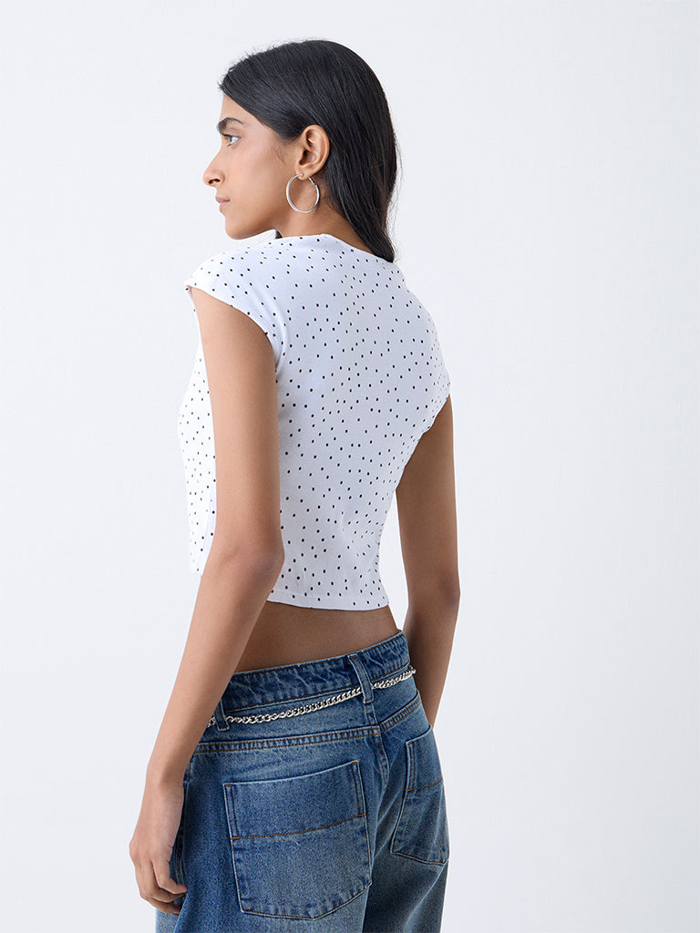 Nuon White Polka Dotted Cotton-Blend Top
