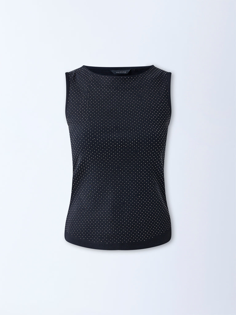 Wardrobe Black Embellished Cotton-Blend Top