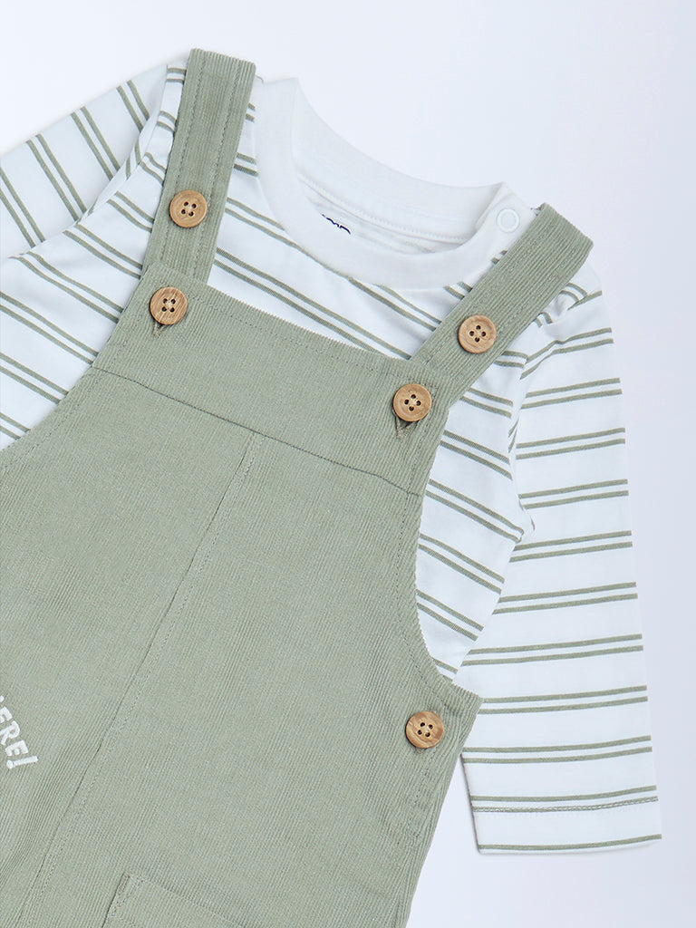 HOP Baby Boys Olive Animal Design Dungaree and T-Shirt Set