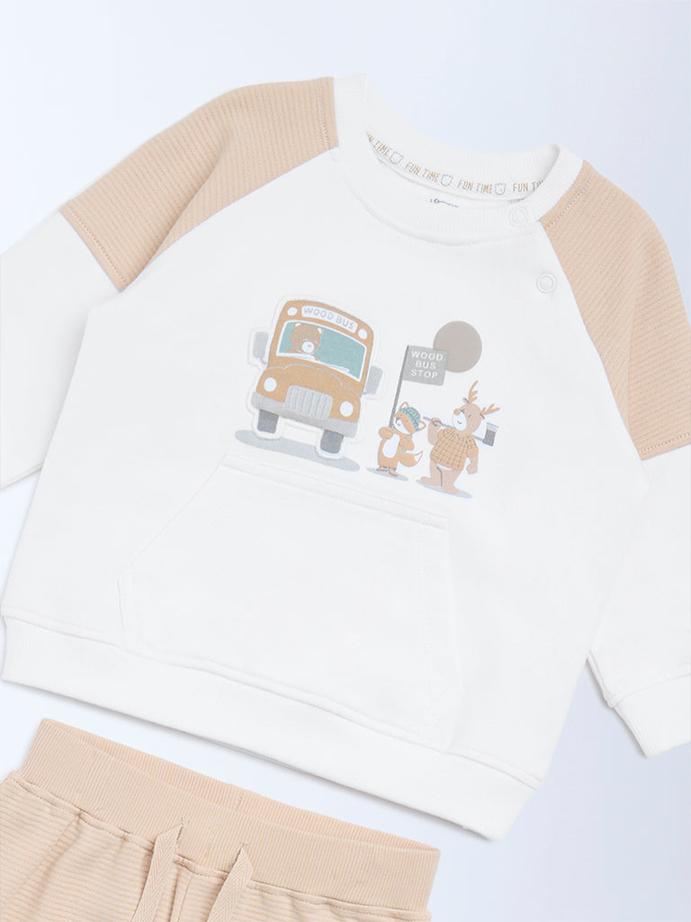 HOP Baby Boys White Printed Cotton Sweatshirt and Pants Set