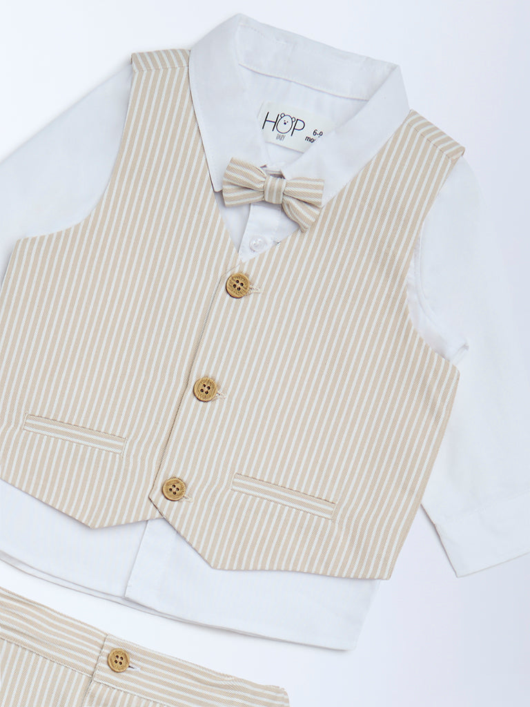 HOP Baby Beige Cotton Waistcoat, Shirt, Trousers and Bow Set