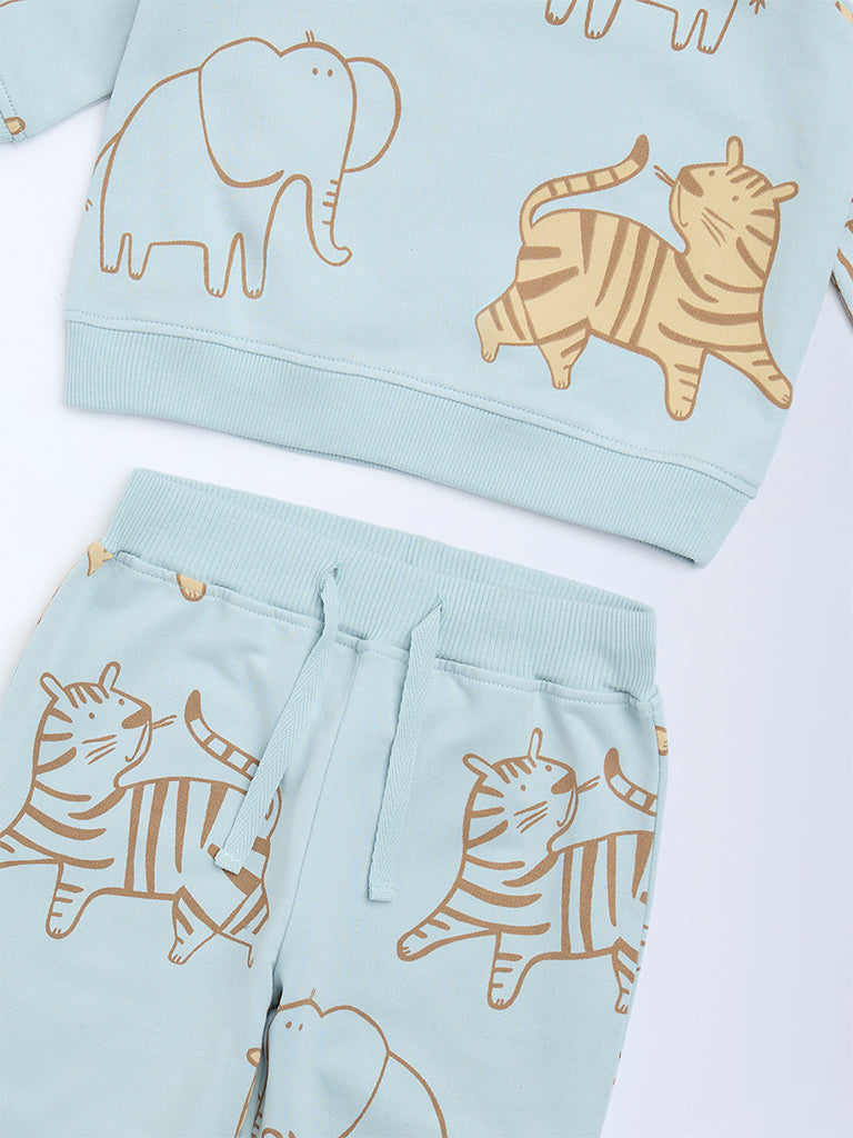 HOP Baby Sage Animal Printed Cotton Sweatshirt and Pants Set