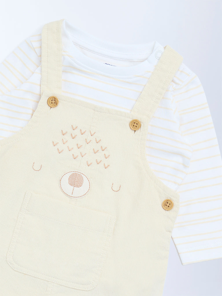 HOP Baby Beige Corduroy Cotton Dungaree with T-Shirt Set