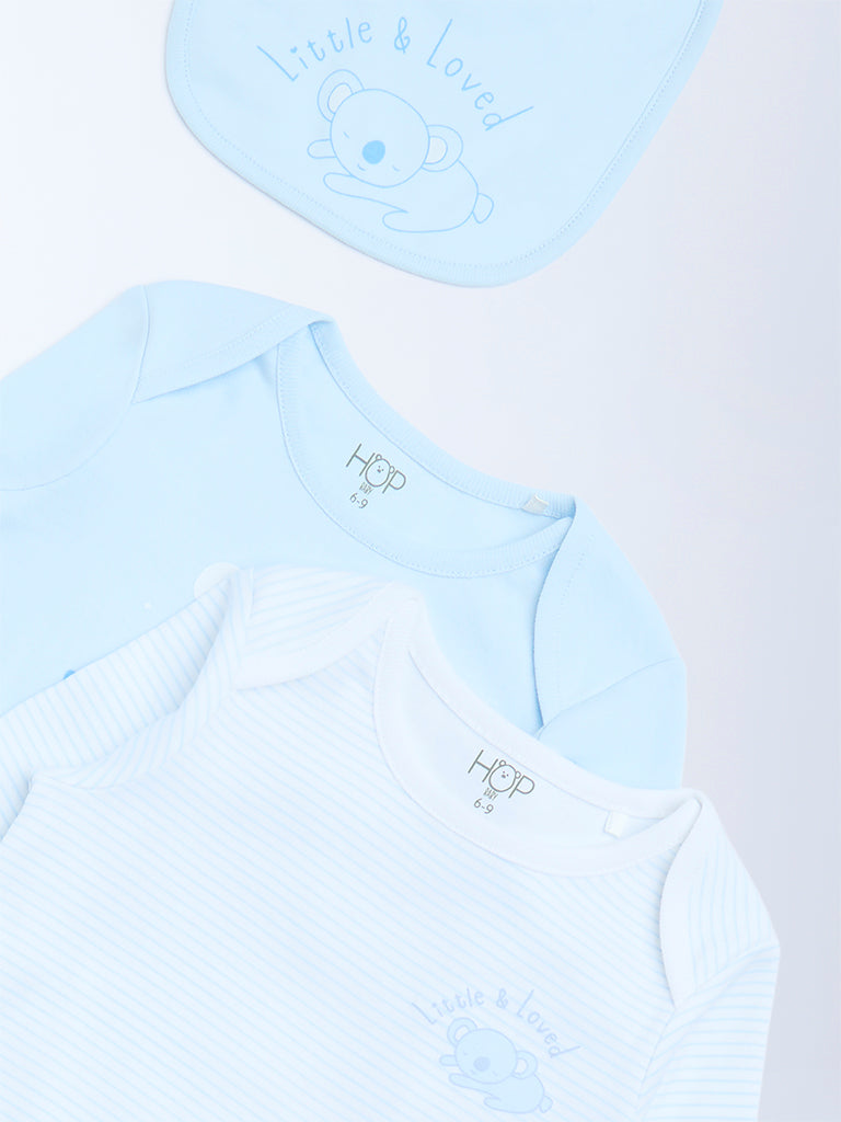 HOP Baby Blue Printed Cotton Rompers and Bib - Pack of 2