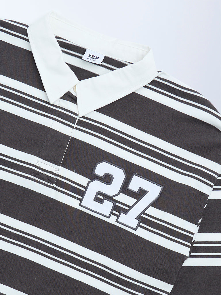 Girls Charcoal Striped Cotton Polo T-Shirt