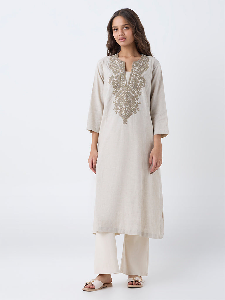 Utsa Beige Embroidered Cotton A-Line Kurta