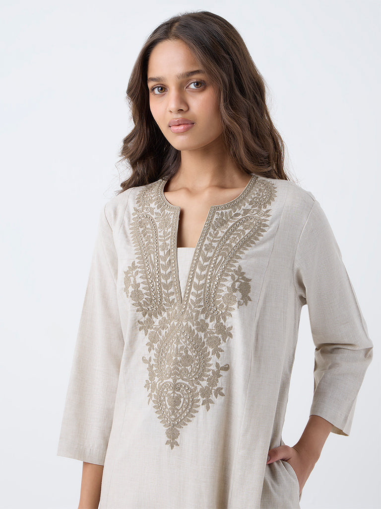 Utsa Beige Embroidered Cotton A-Line Kurta