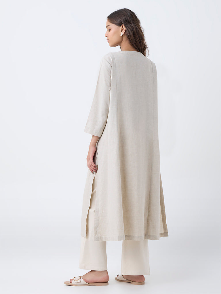 Utsa Beige Embroidered Cotton A-Line Kurta
