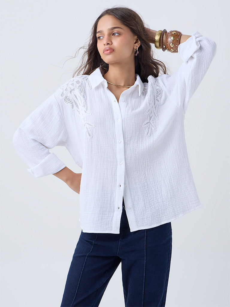 LOV White Floral Embroidered Cotton Shirt
