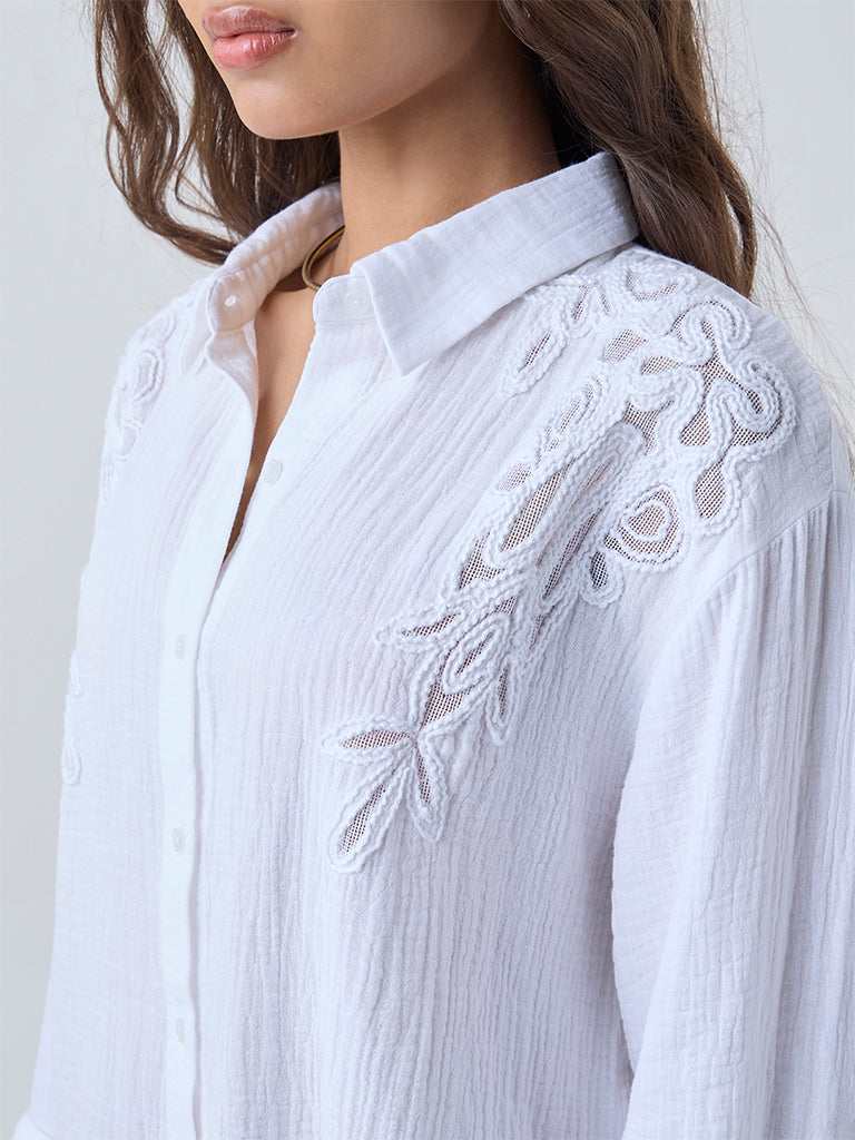 LOV White Floral Embroidered Cotton Shirt
