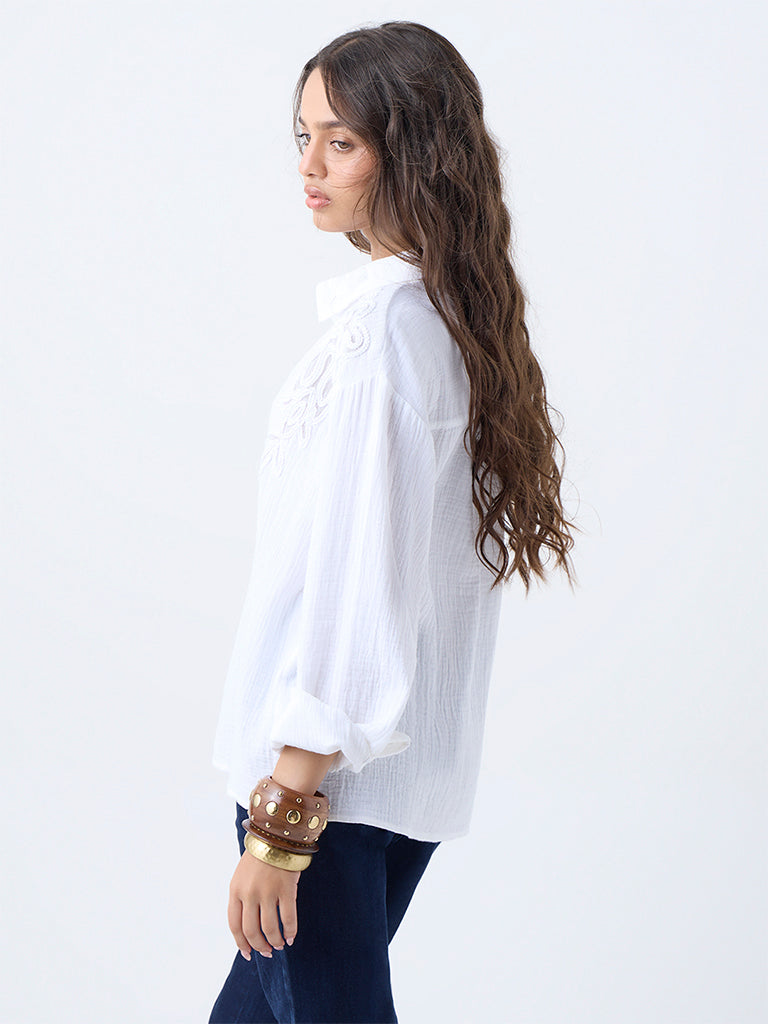 LOV White Floral Embroidered Cotton Shirt