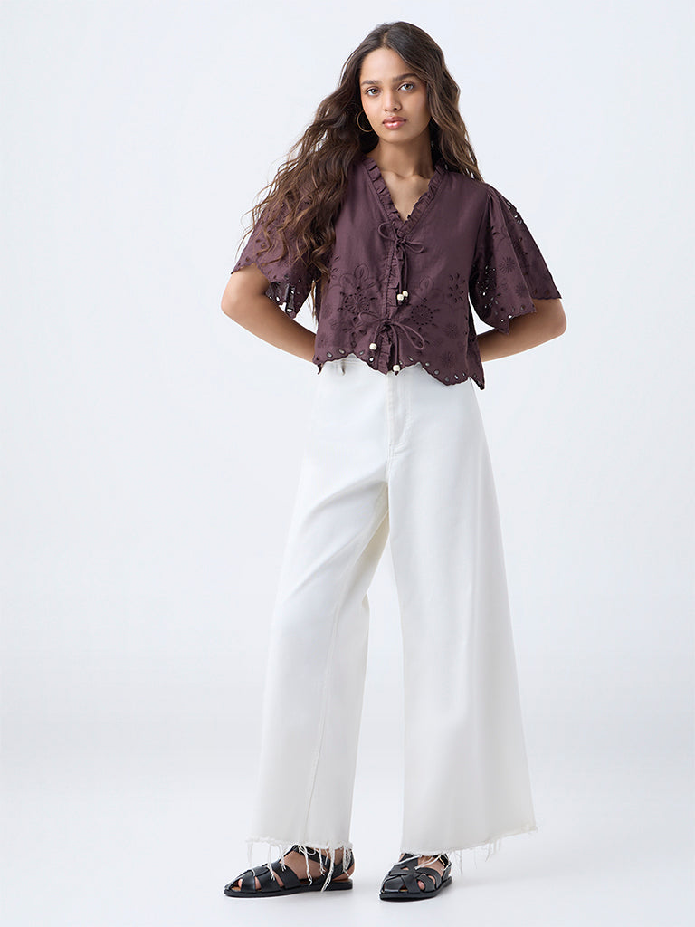 LOV Dark Brown Floral Embroidered Cotton Top