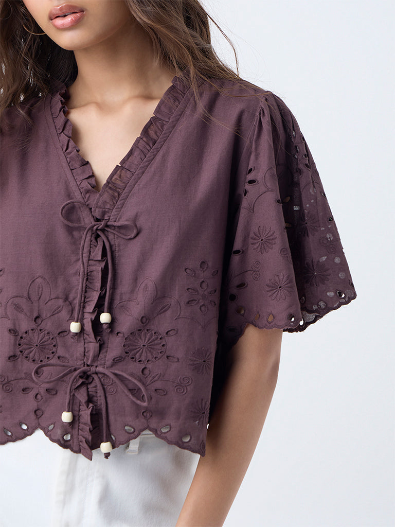 LOV Dark Brown Floral Embroidered Cotton Top