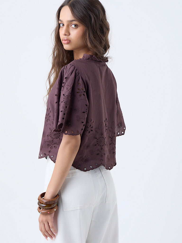 LOV Dark Brown Floral Embroidered Cotton Top