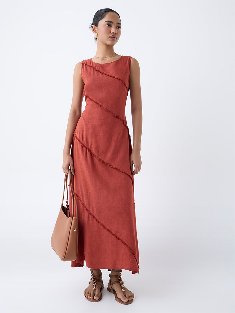 LOV Rust Fringe-Detailed A-Line Dress