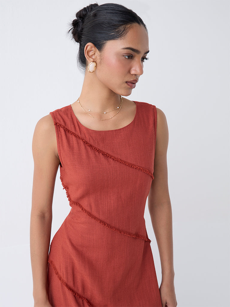 LOV Rust Fringe-Detailed A-Line Dress