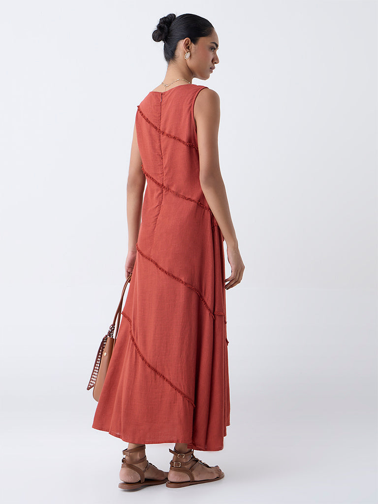 LOV Rust Fringe-Detailed A-Line Dress