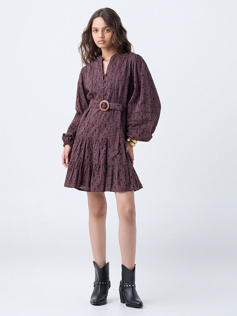 LOV Dark Brown Schiffli Cotton Tiered Dress with Belt