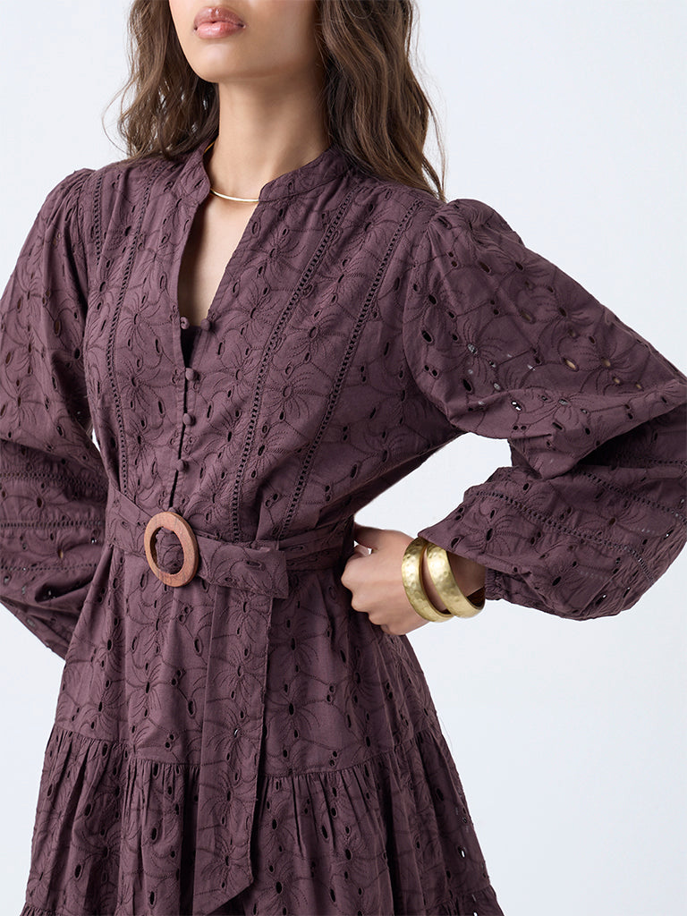 LOV Dark Brown Schiffli Cotton Tiered Dress with Belt