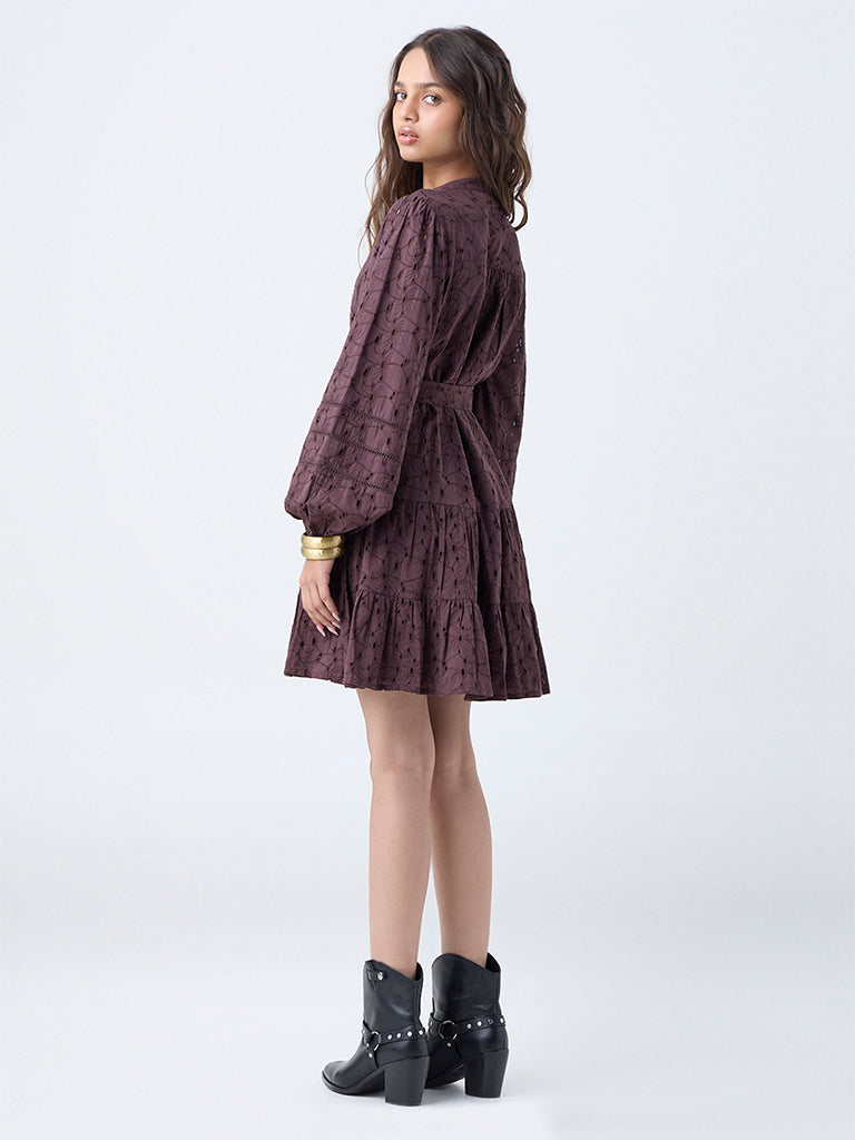 LOV Dark Brown Schiffli Cotton Tiered Dress with Belt