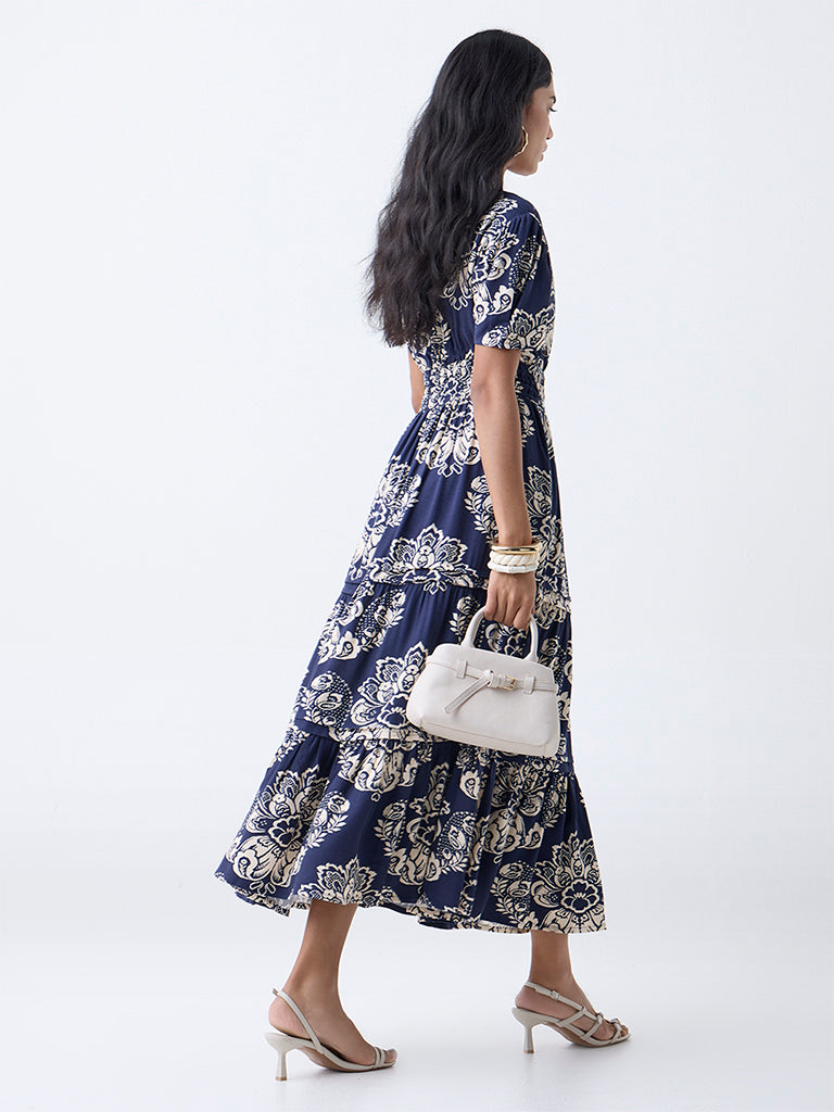 LOV Navy Floral Detailed Tiered Dress