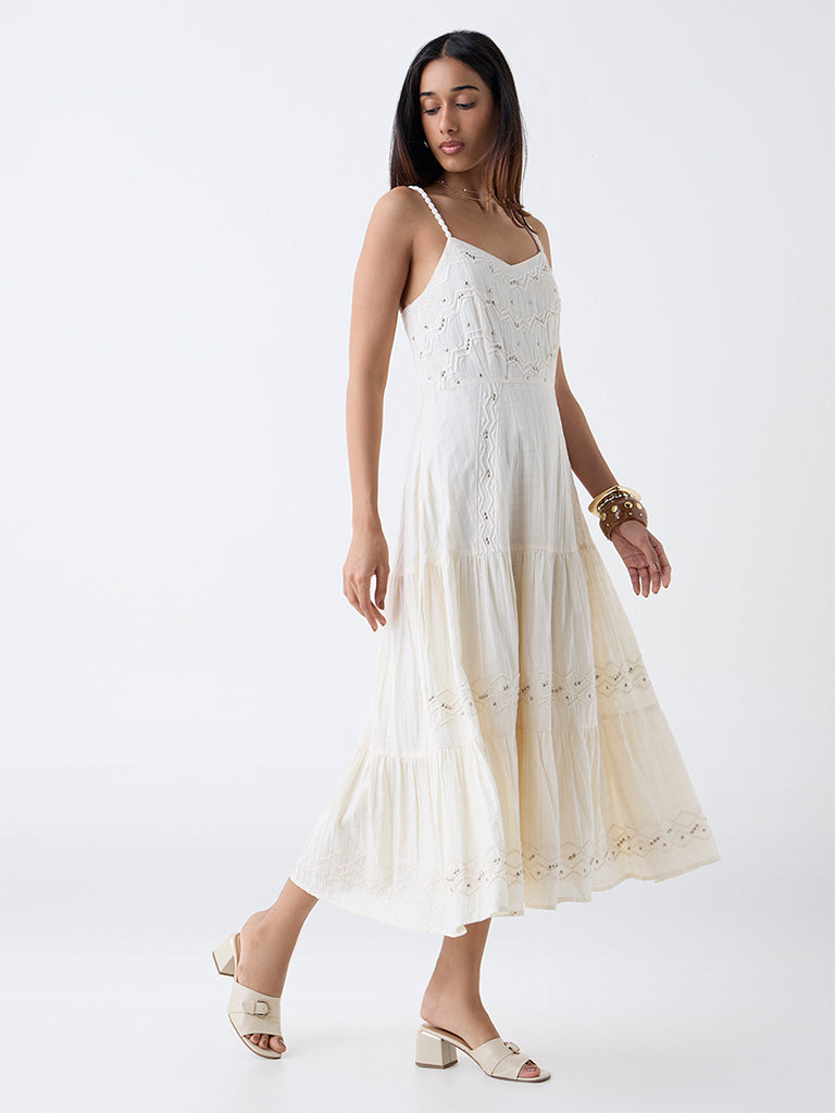 LOV Off-White Stud-Detailed Cotton Tiered Dress