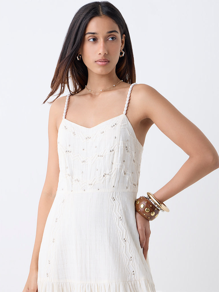LOV Off-White Stud-Detailed Cotton Tiered Dress