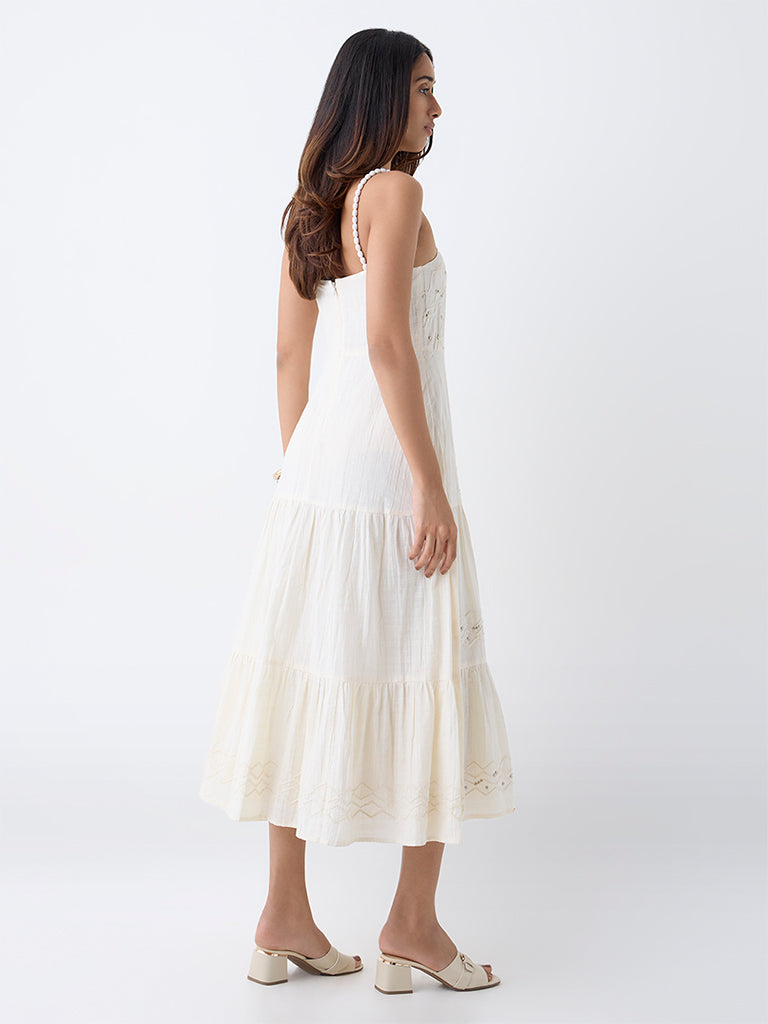 LOV Off-White Stud-Detailed Cotton Tiered Dress