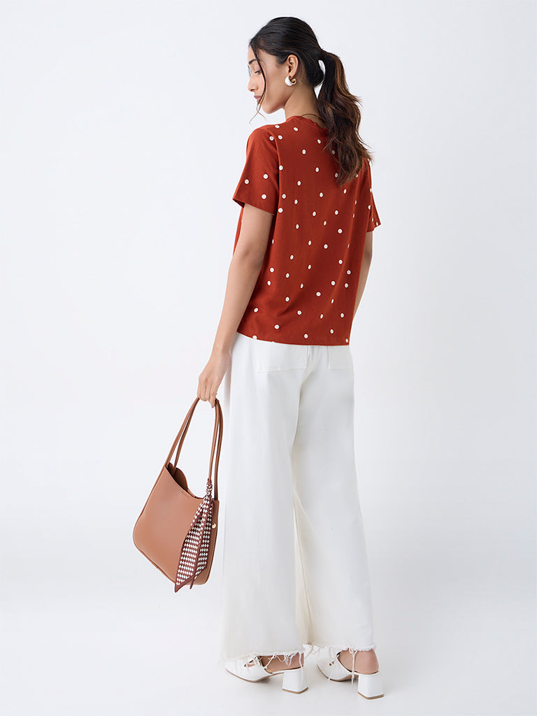 LOV Rust Polka Dotted Cotton T-Shirt