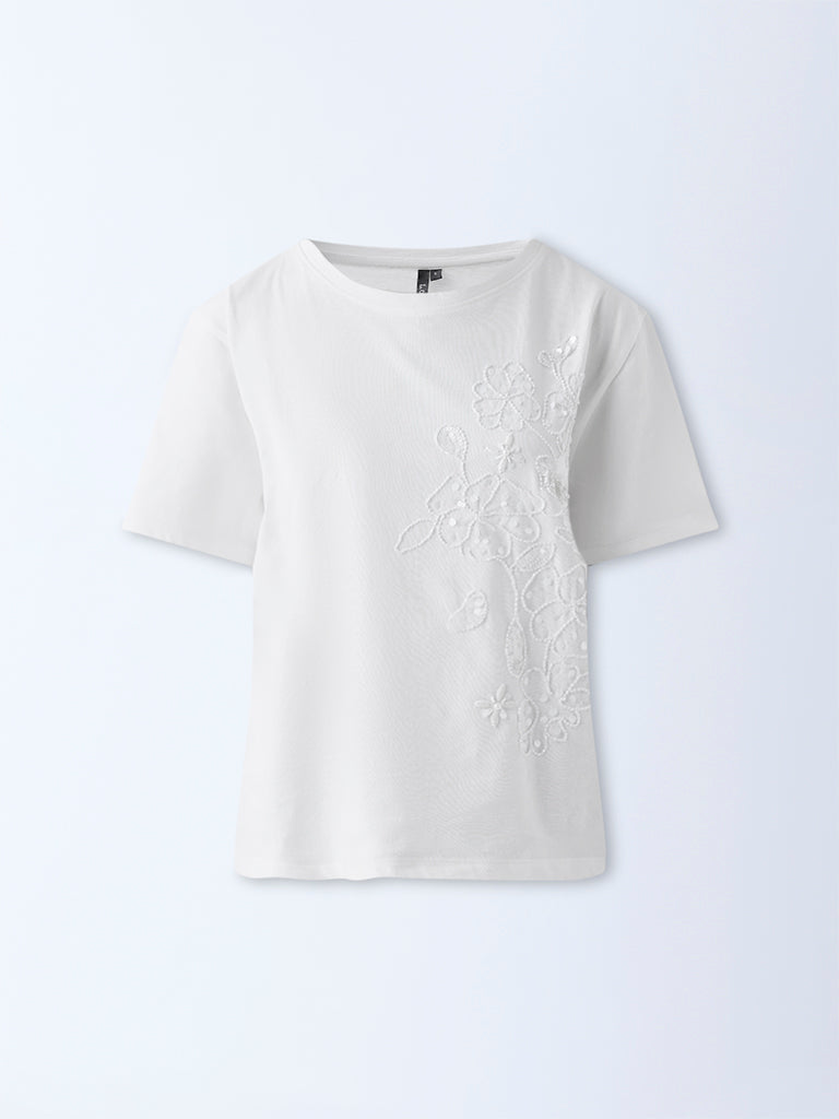 LOV White Floral Embellished Cotton T-Shirt